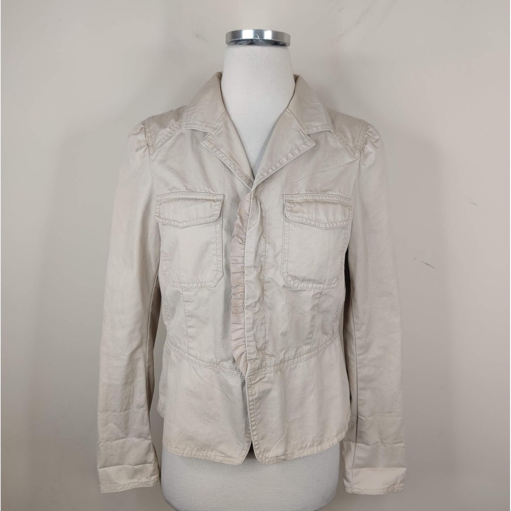 Ann Taylor Loft Jacket Khaki Tan Cotton Button Up Ruffled - Picture 2 of 10
